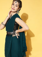 Saree Mall Teal Green & Black Solid Poly Georgette Party Saree with Matching Blouse - Distacart