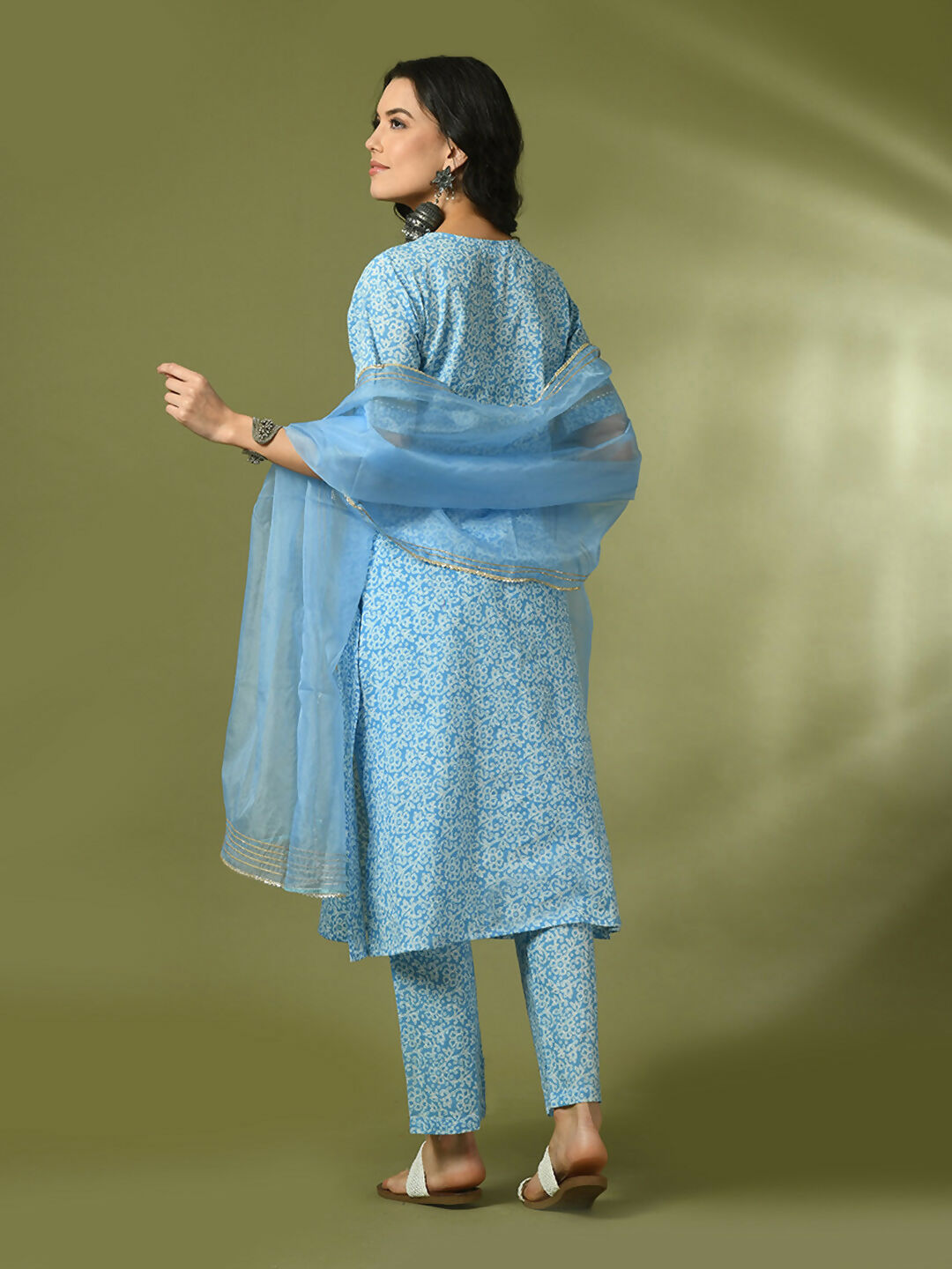 Myshka Women's Blue Printed Cotton Straight Party Kurta Set With Dupatta