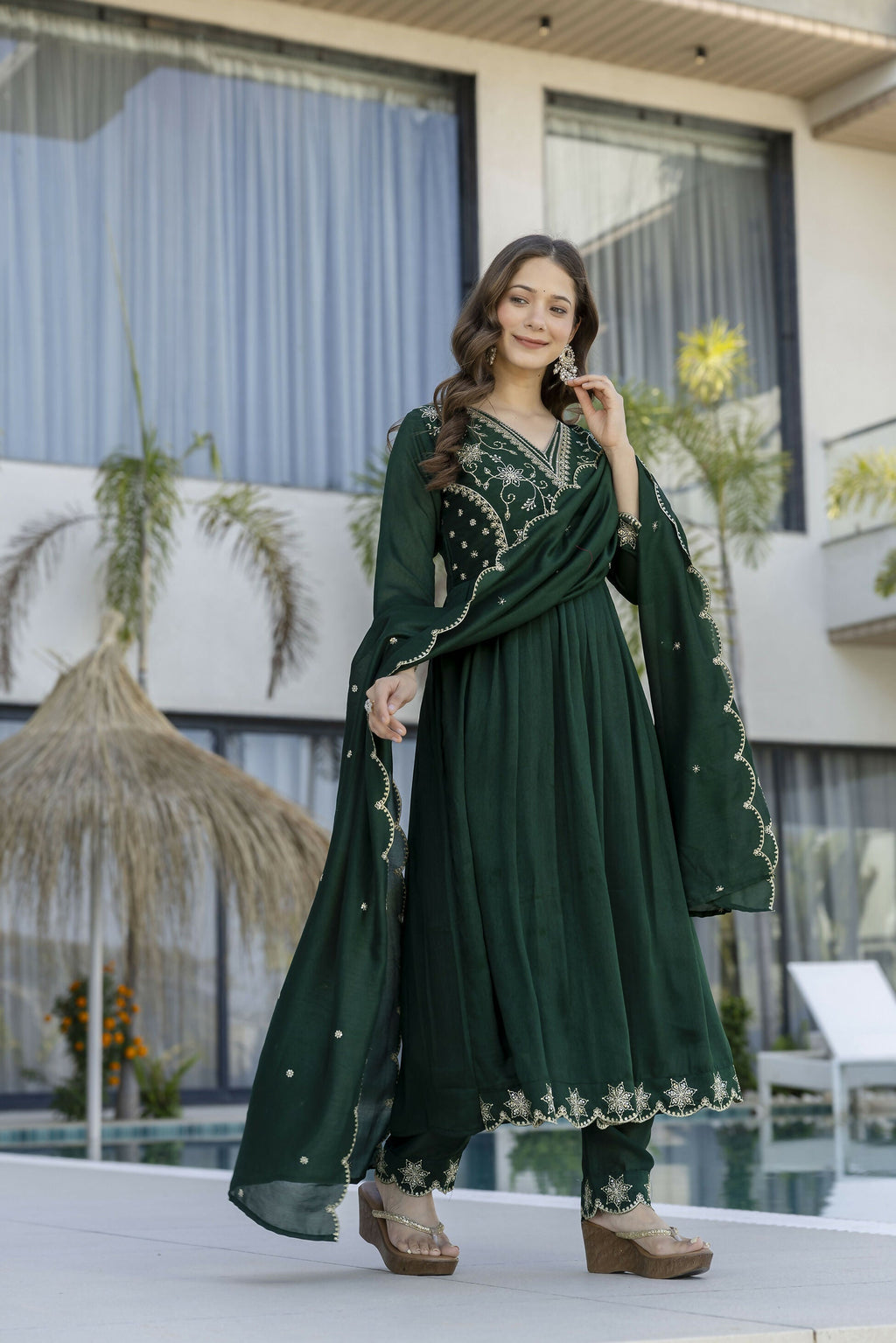 The52 Women's Beautiful Embroidery Work Vichitra Silk Fabric Flared Anarkali Pant and Dupatta Set - Distacart