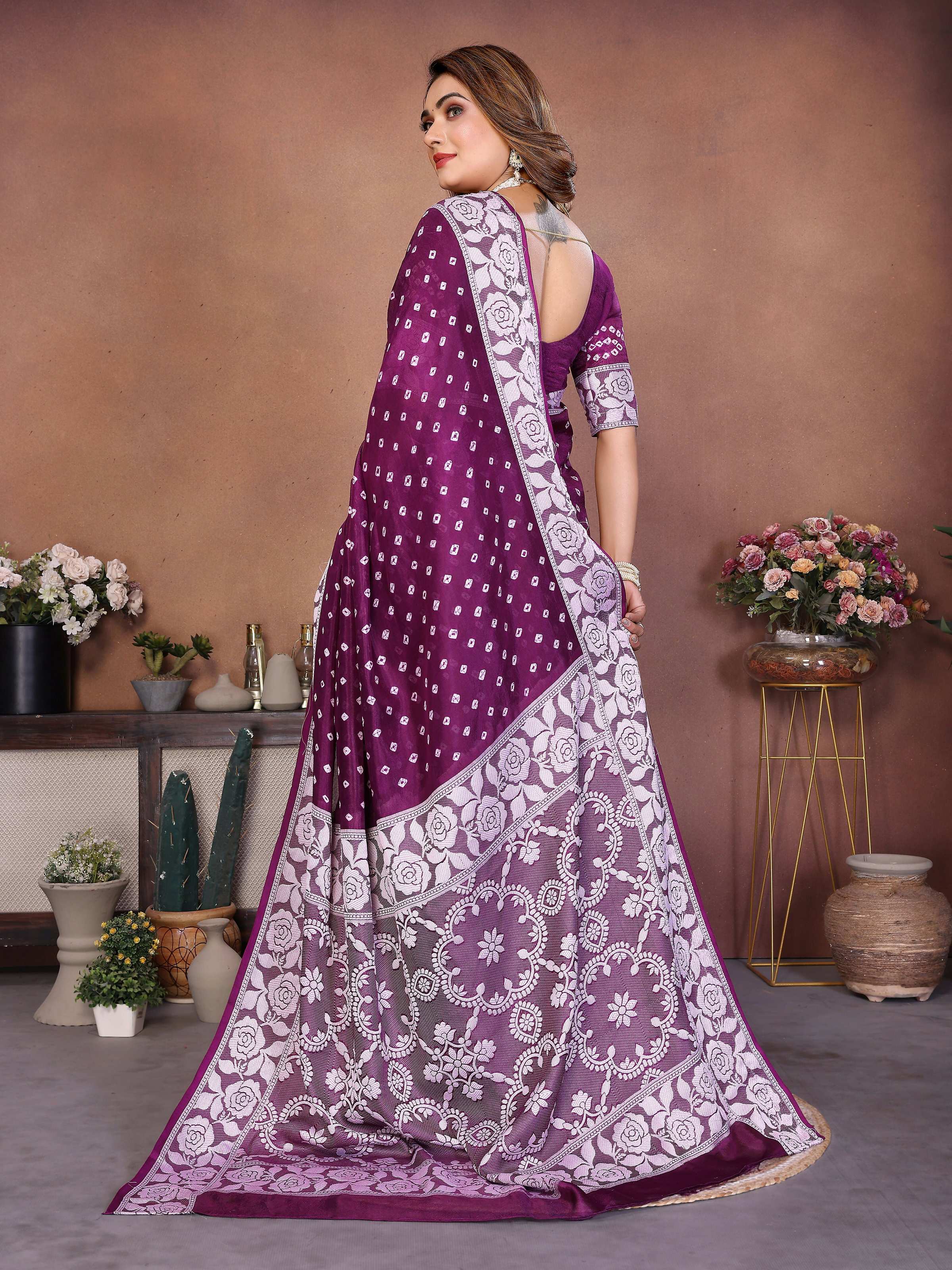 Aastha Fashion Wine Viscose Silk Handmade Original Bandhej Saree - Distacart