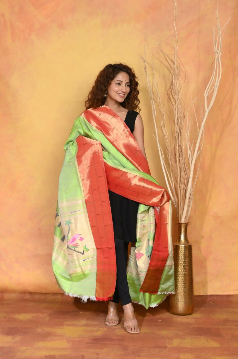 Very Much Indian Handloom Pure Cotton Paithani Dupatta - White