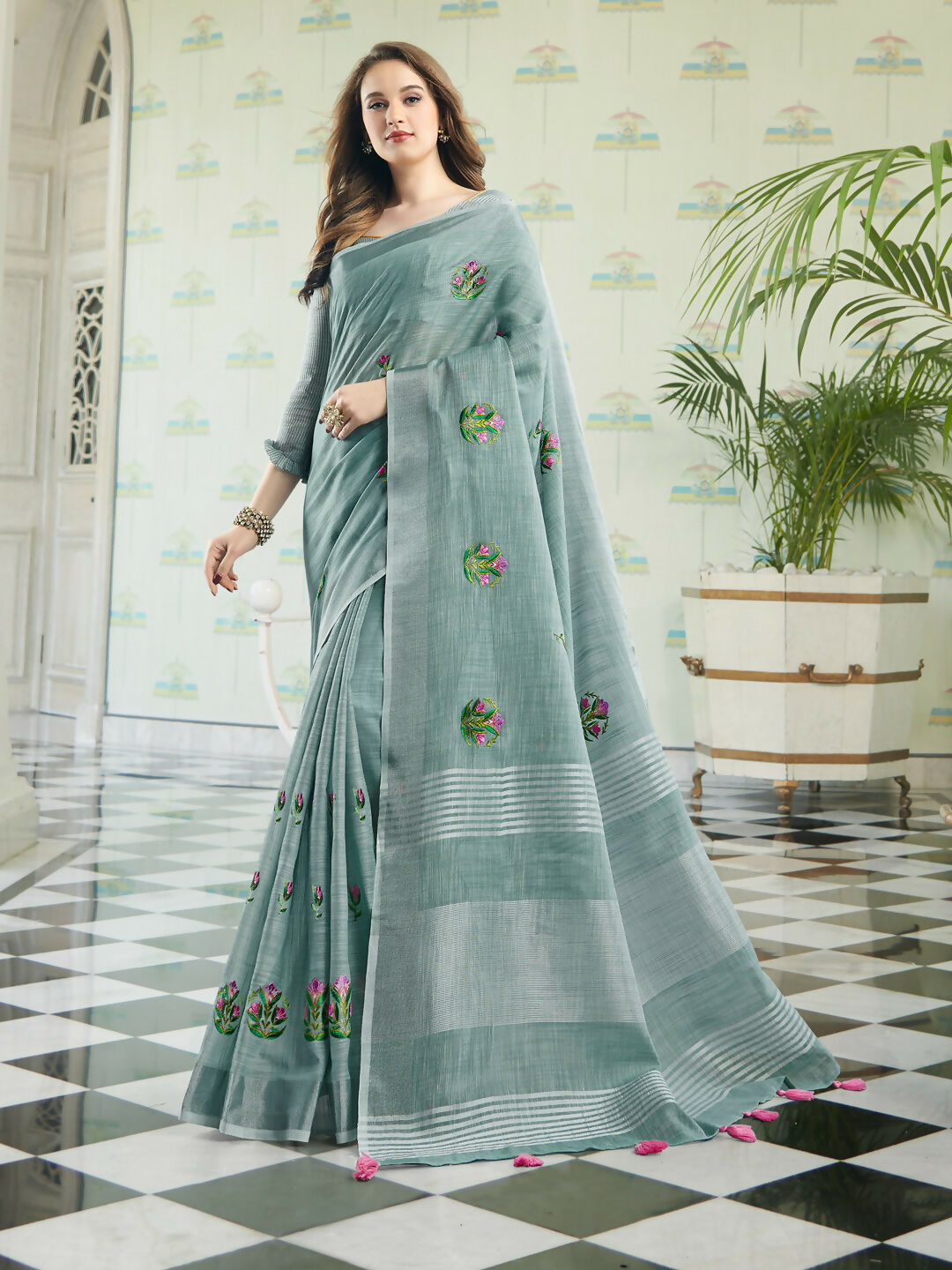 Shree Shyam Fashion Linen Sea Green Saree - Distacart