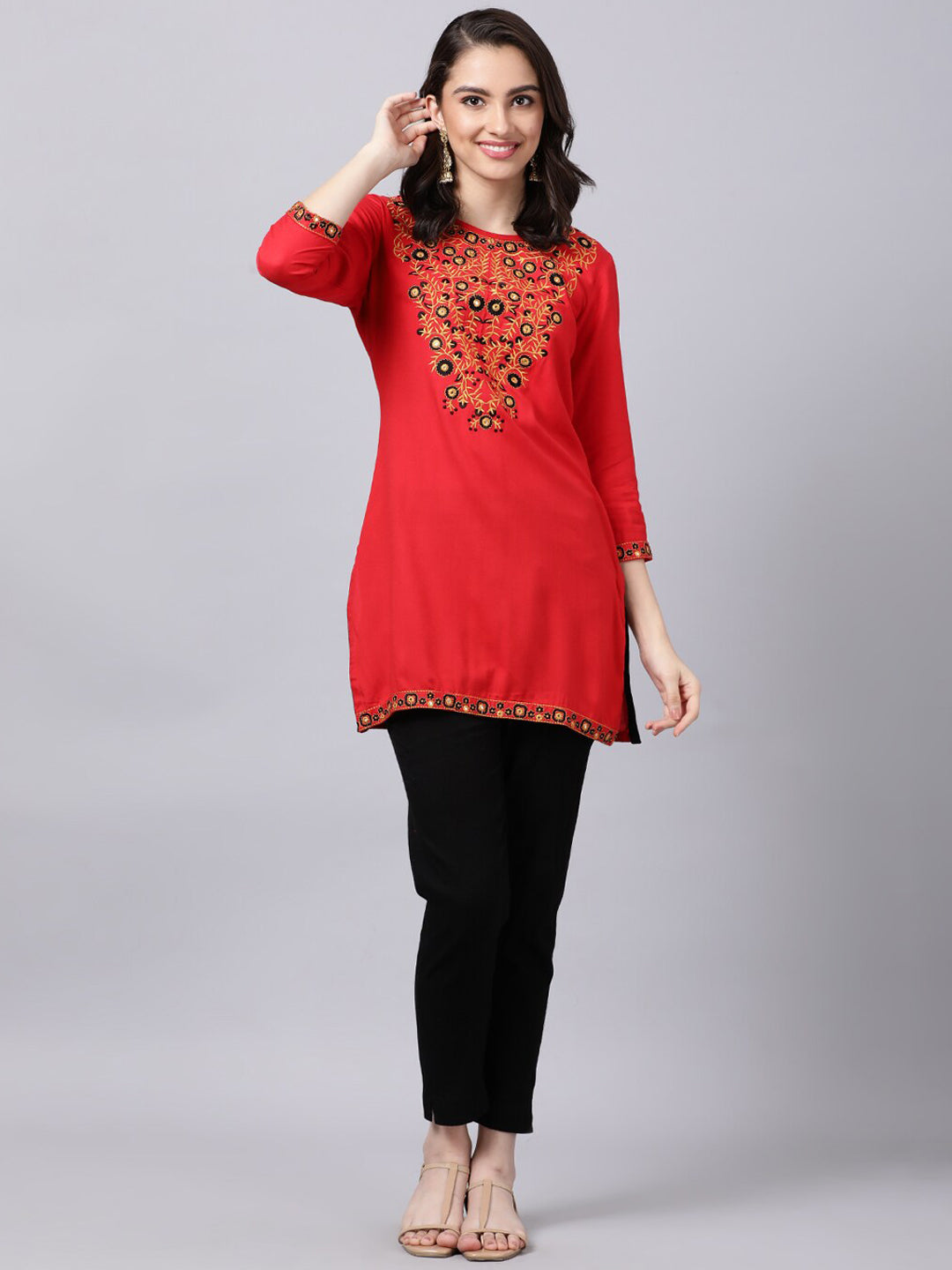 Souchii Women Red Yoke Design Thread Work Grandeur & Majestic Artwork Kurta - Distacart