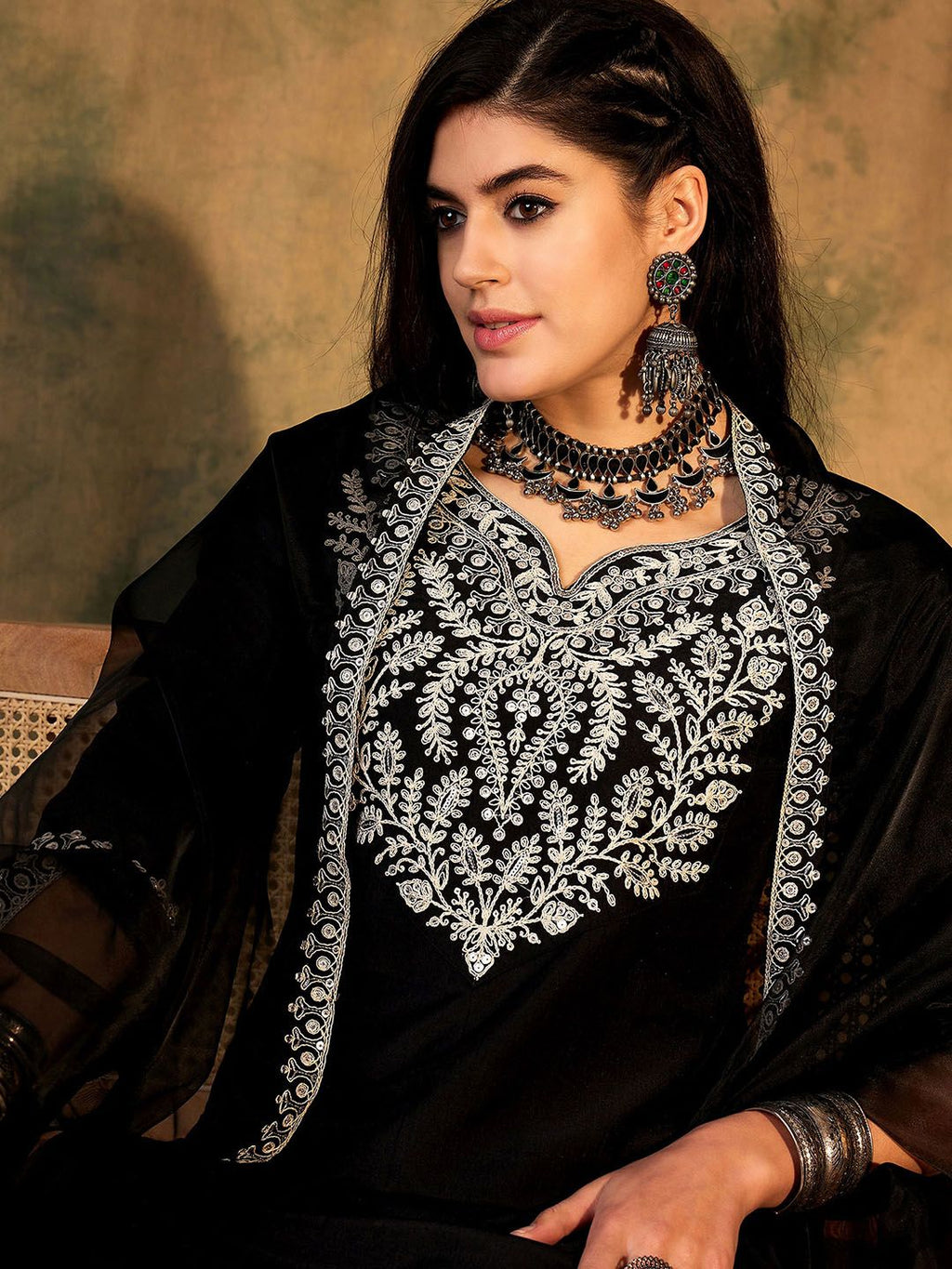 Indo Era Floral Yoke Design Regular Thread Work Kurta With Trousers & Dupatta - Distacart