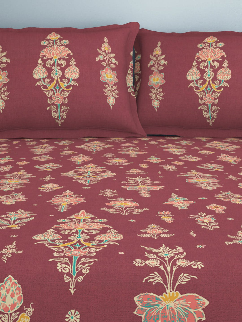 SPACES Aurum Red Ethnic Motifs Pure Cotton 140 TC Queen Bedsheet with 2 Pillow Covers