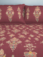 SPACES Aurum Red Ethnic Motifs Pure Cotton 140 TC Queen Bedsheet with 2 Pillow Covers