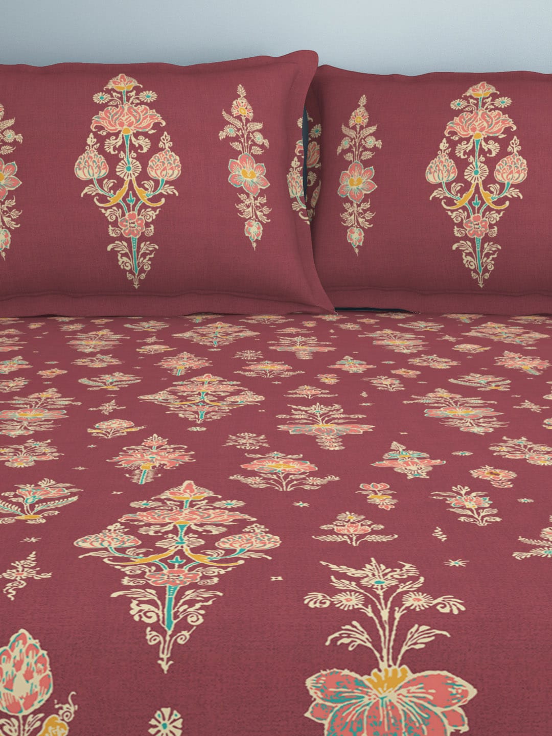 SPACES Aurum Red Ethnic Motifs Pure Cotton 140 TC Queen Bedsheet with 2 Pillow Covers