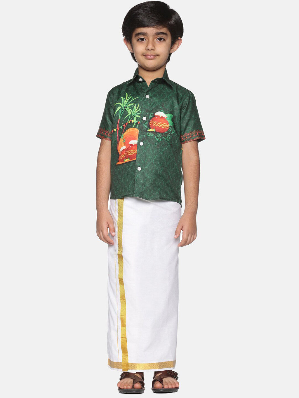 Sethukrishna Boys Green & White Printed Shirt