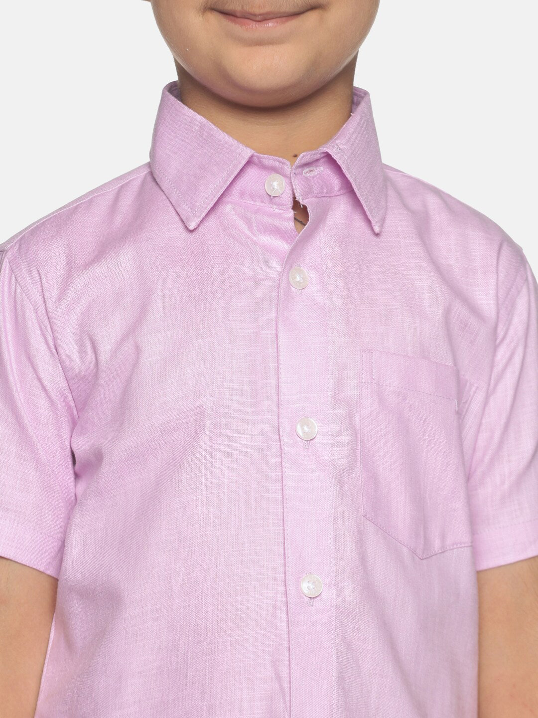Sethukrishna Boys Pink & White Solid Shirt with Veshti Set
