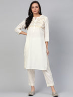 Sangria Women Off-White & Golden Yoke Design Kurta with Trousers