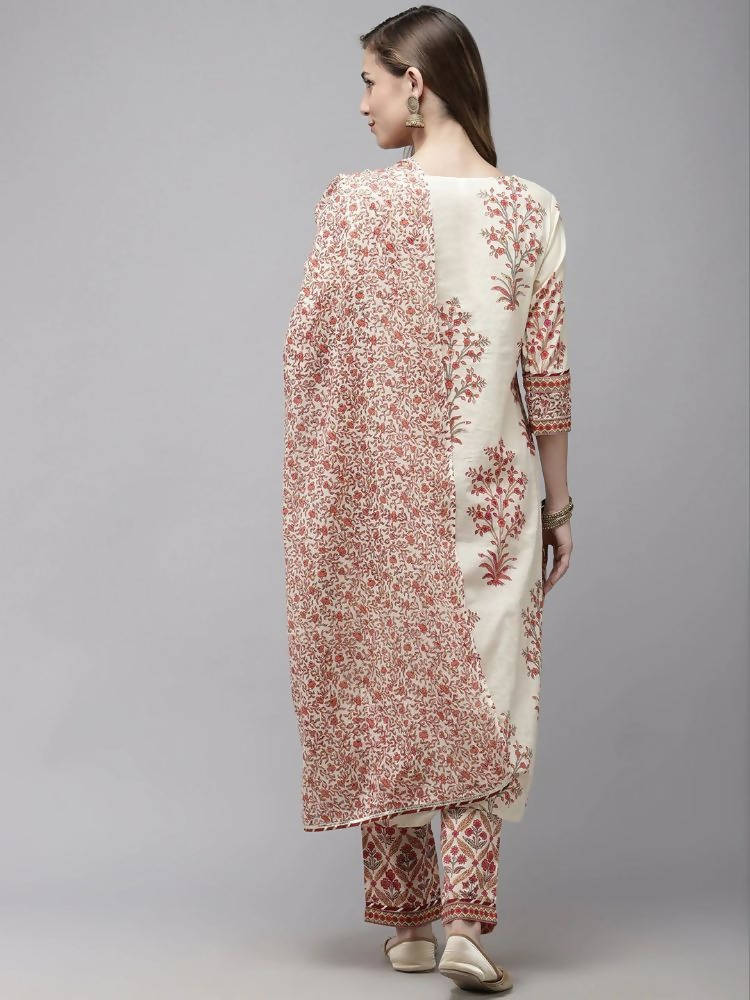 Yufta Women Off White printed Kurta with Trouser & With Dupatta