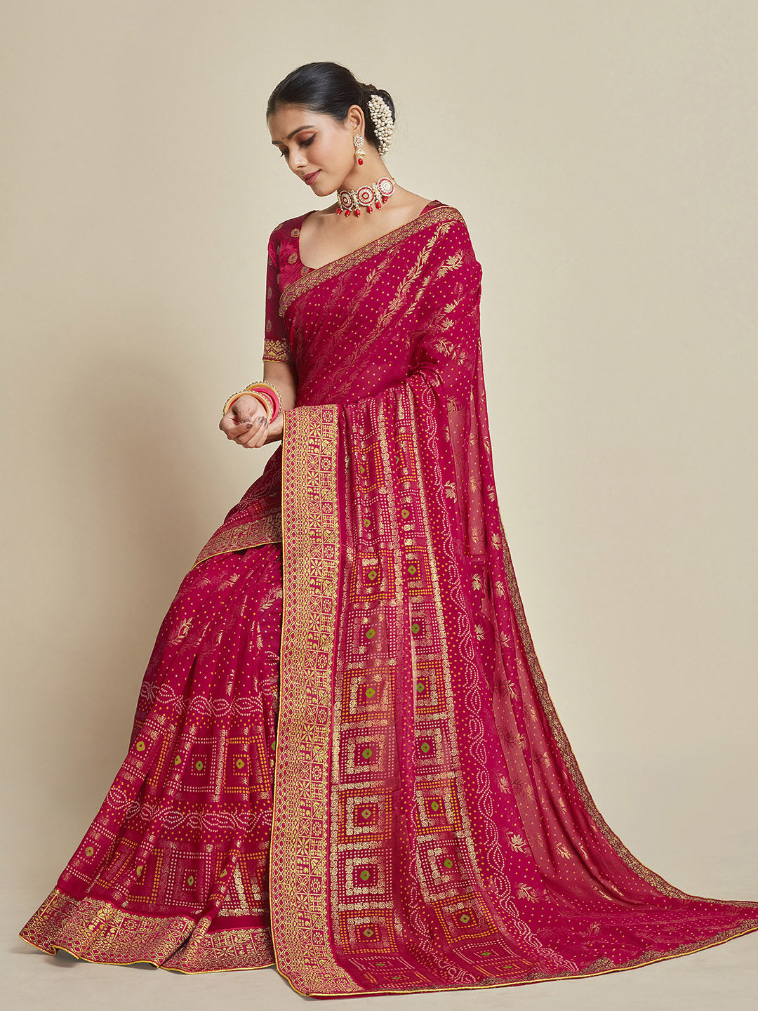 Sangria Pink Woven Design Zari Detail Poly Georgette Bandhani Saree - Distacart