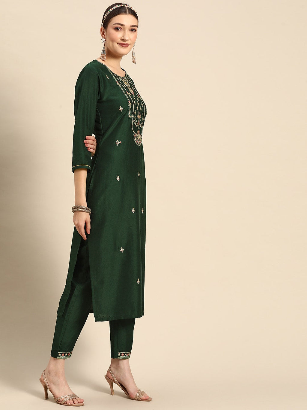 Sangria Women Green Ethnic Motifs Embroidered Pure Cotton Kurta with Trousers & With Dupatta
