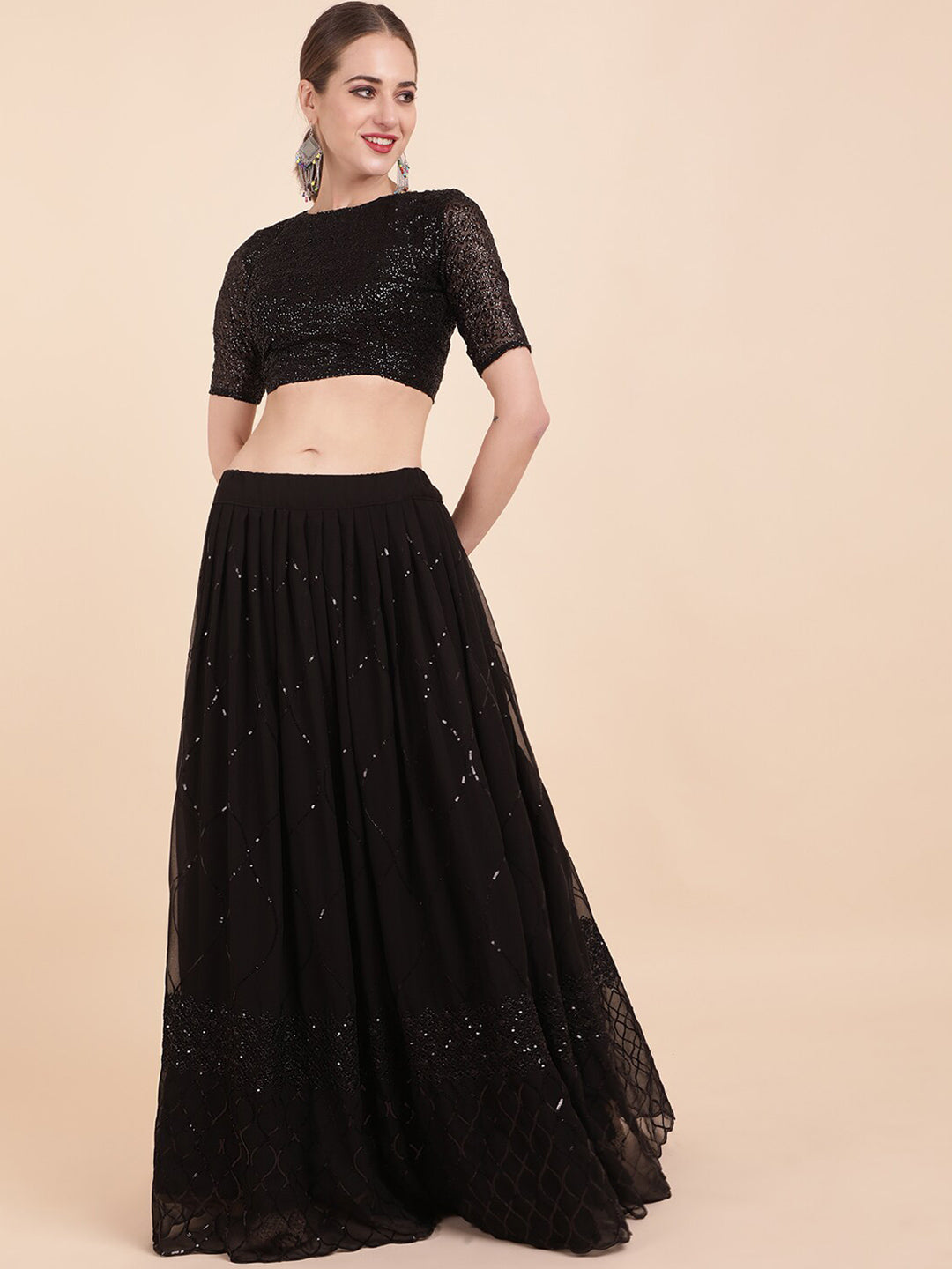 Sangria Black Embellished Sequinned Pure Georgette Lehenga Saree - Distacart