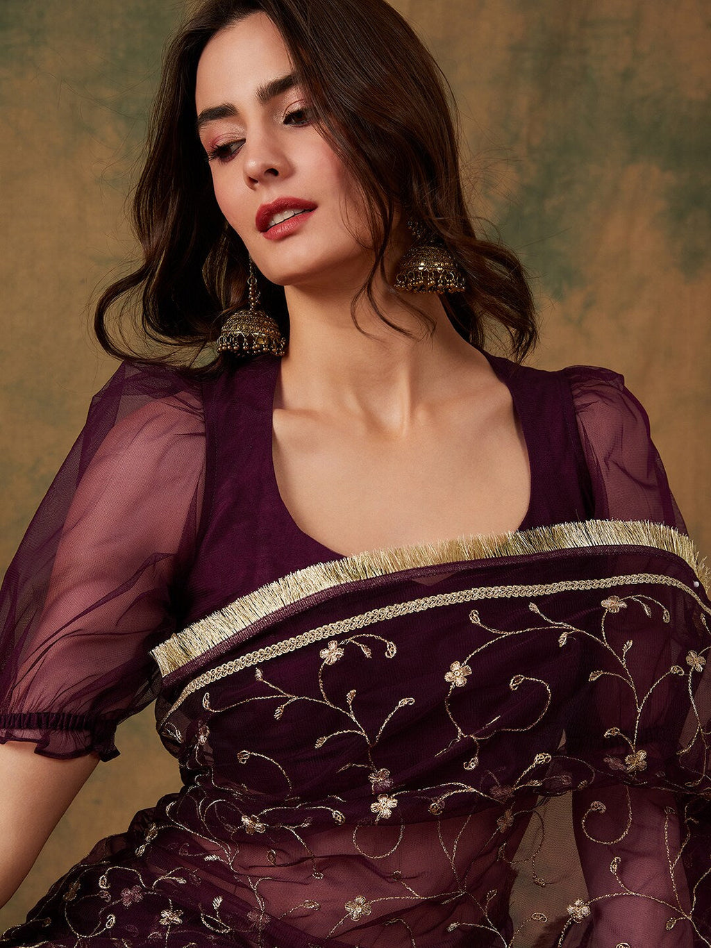 Sangria Floral Zari Jaal Embroidered Sarees - Distacart