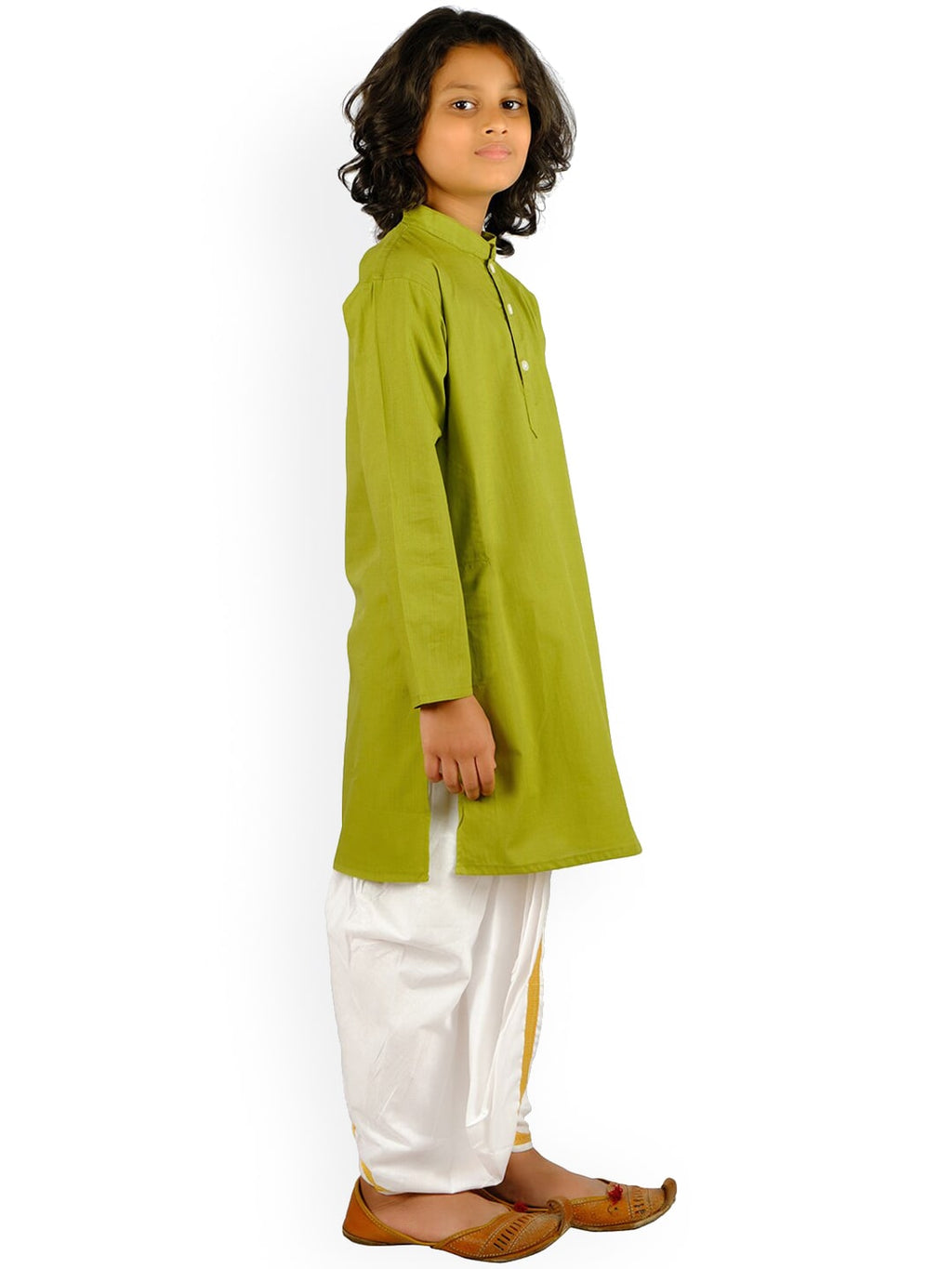 Sethukrishna Boys Green Angrakha Pure Cotton Kurta with Churidar