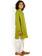 Sethukrishna Boys Green Angrakha Pure Cotton Kurta with Churidar