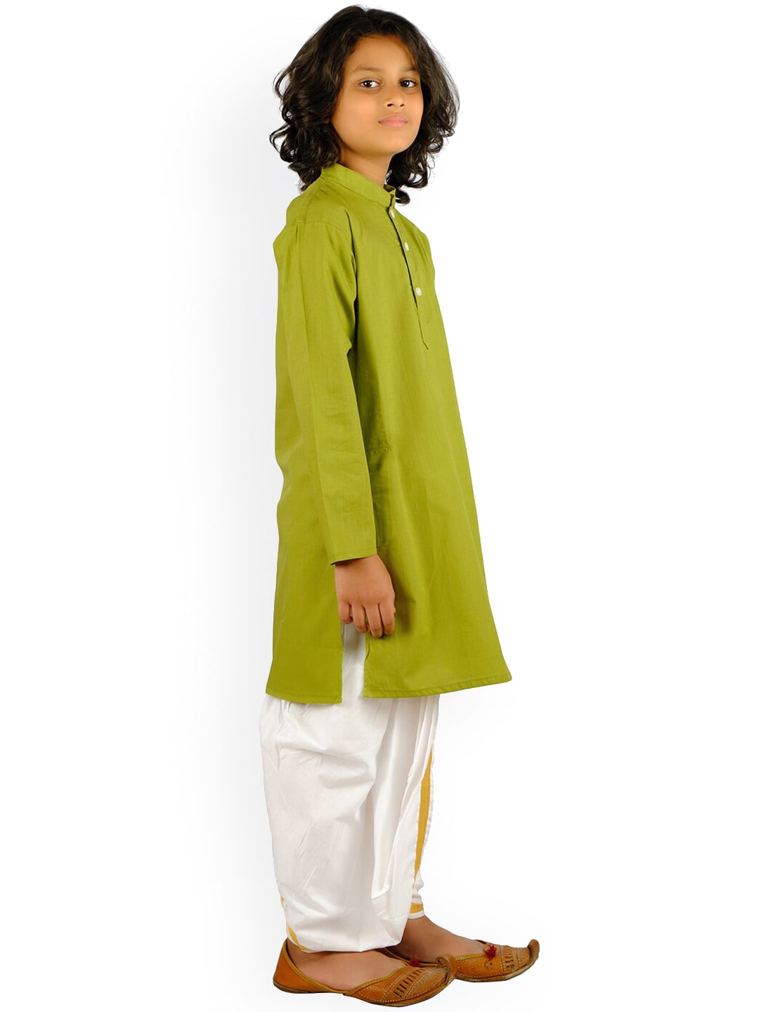 Sethukrishna Boys Green Angrakha Pure Cotton Kurta with Churidar