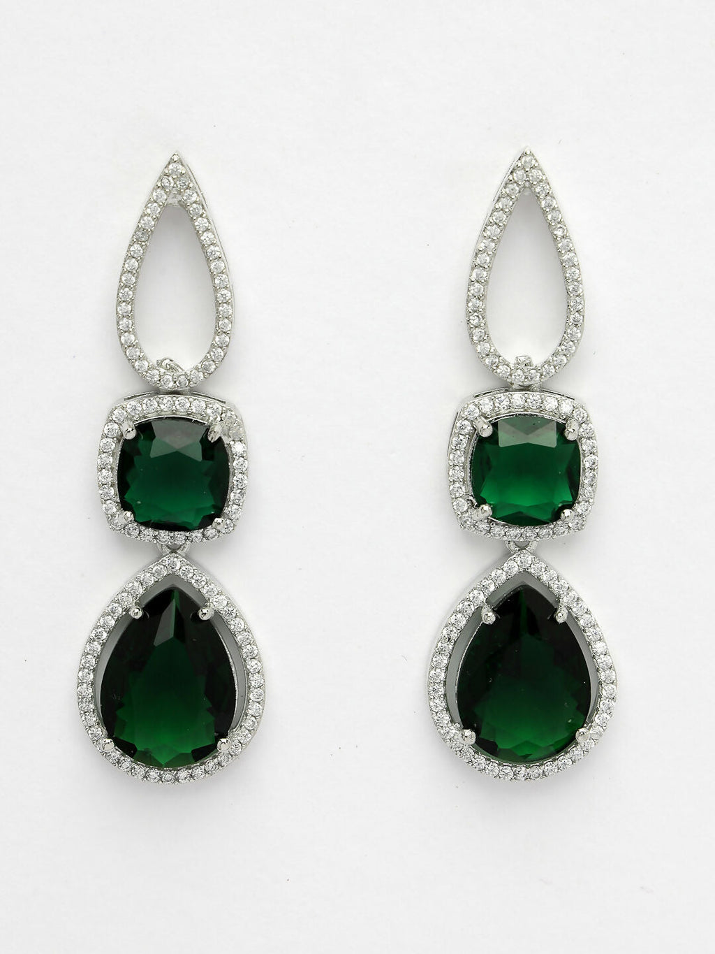 NVR Women's Green & Silver-Plated American Diamond Handcrafted Jewellery Set