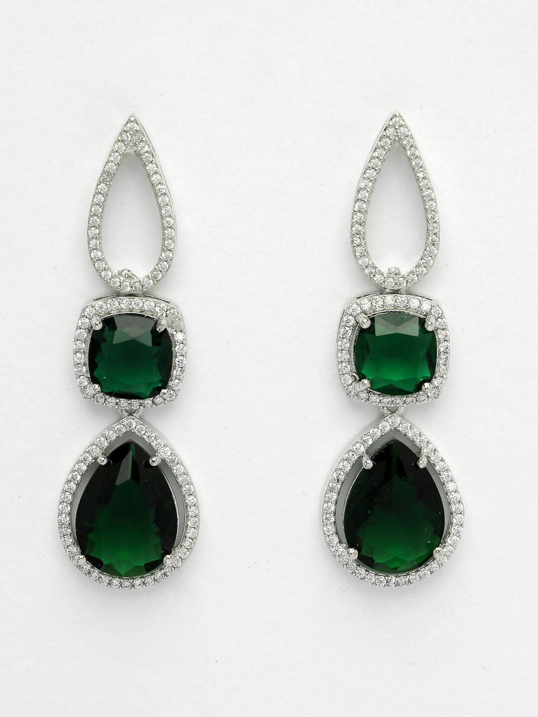 NVR Women's Green & Silver-Plated American Diamond Handcrafted Jewellery Set