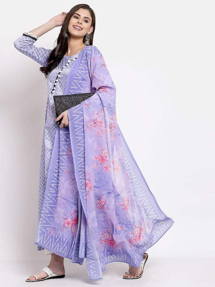 Myshka Women's Purple Silk Printed 3/4 Sleeve Round Neck Casual Anarkali Kurta Dupatta Set