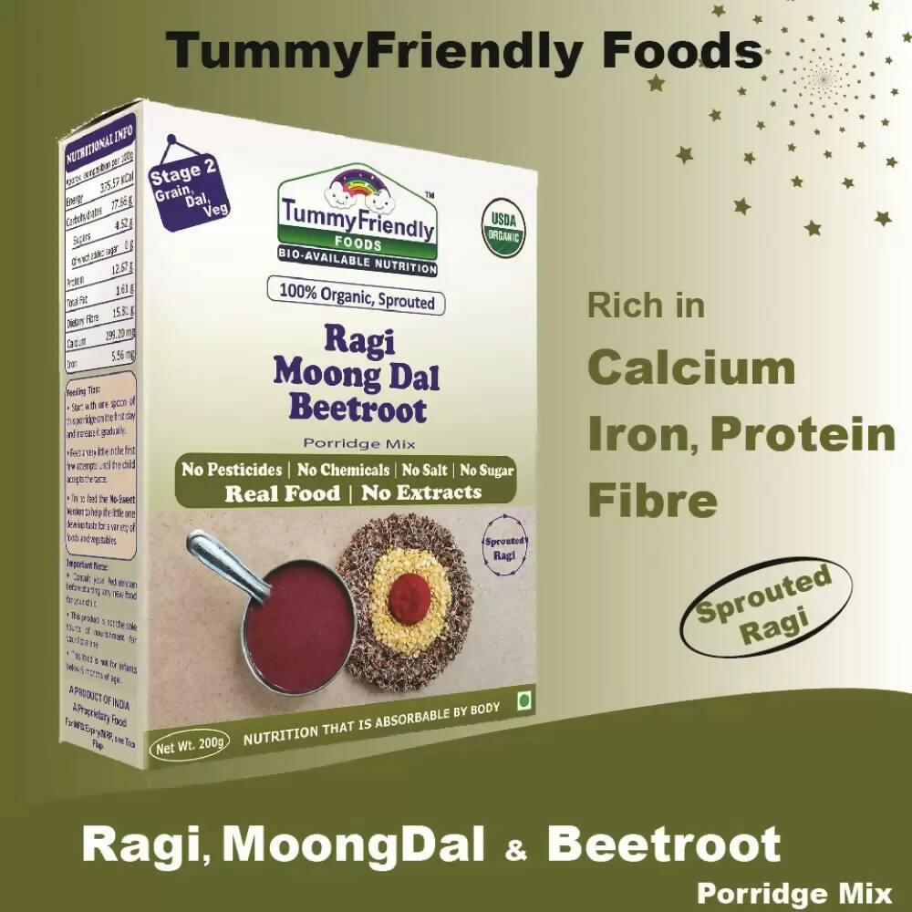 TummyFriendly Foods Organic Sprouted Ragi, Moong Dal, Beetroot Porridge Mix - Distacart