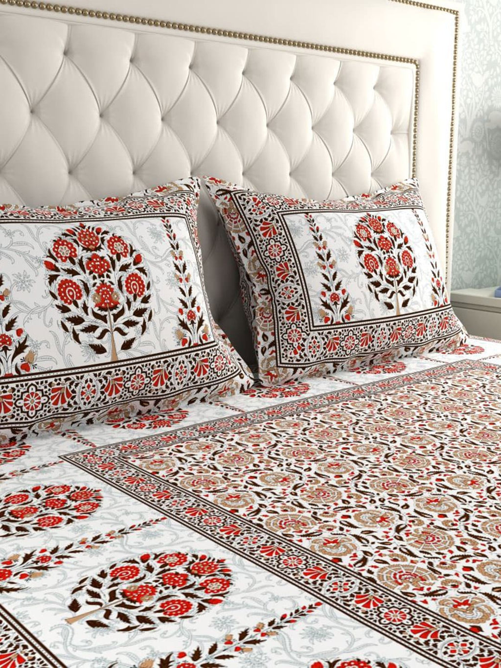 LA VERNE White & Maroon Ethnic Motifs 140 TC Cotton King Bedsheet With 2 Pillow Covers