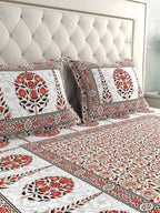 LA VERNE White & Maroon Ethnic Motifs 140 TC Cotton King Bedsheet With 2 Pillow Covers