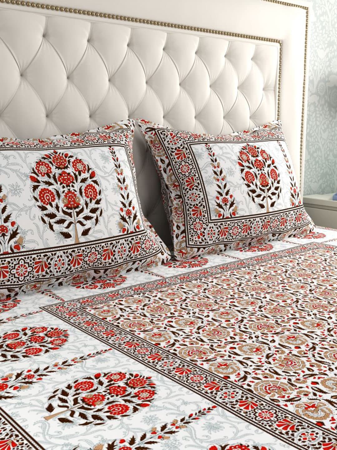 LA VERNE White & Maroon Ethnic Motifs 140 TC Cotton King Bedsheet With 2 Pillow Covers