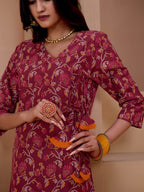 Sangria Maroon & Orange Printed V Neck Pure Cotton Angrakha Kurta With Trousers & Dupatta