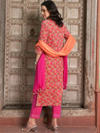 Sangria Floral Printed Gotta Patti Pure Cotton Straight Kurta with Trousers & Dupatta