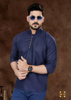 Joban Fashion Men's Pure Cotton Navy Blue Plain Short Kurta
