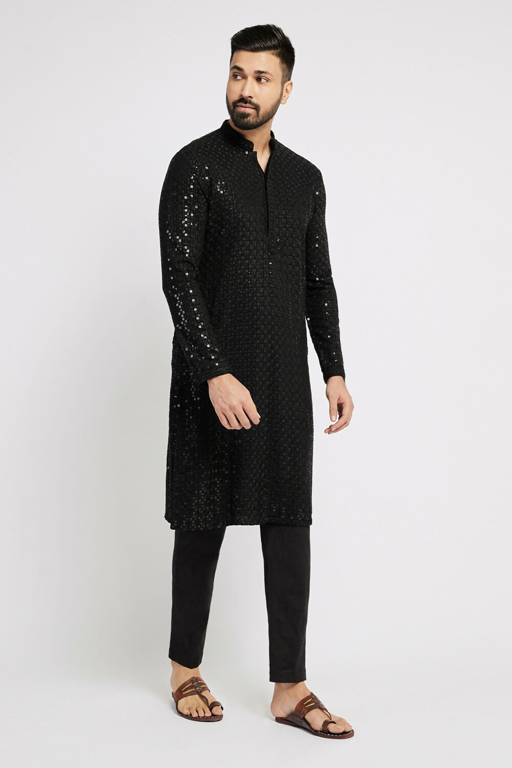 Ethnic India Black Men's Kurta Embellished Viscose Rayon