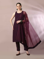 Myshka Women's Magenta Embroidered Cotton Straight Party Kurta Set With Dupatta