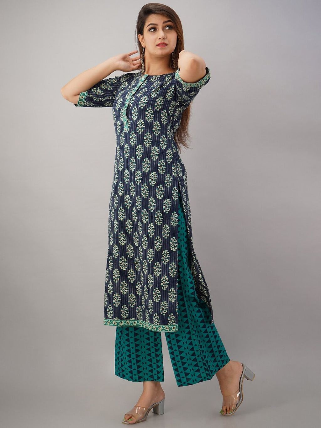 HERE&NOW Turquoise Blue Floral Printed Regular Kurta with Palazzos