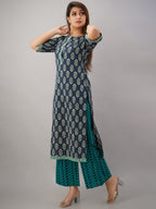 HERE&NOW Turquoise Blue Floral Printed Regular Kurta with Palazzos