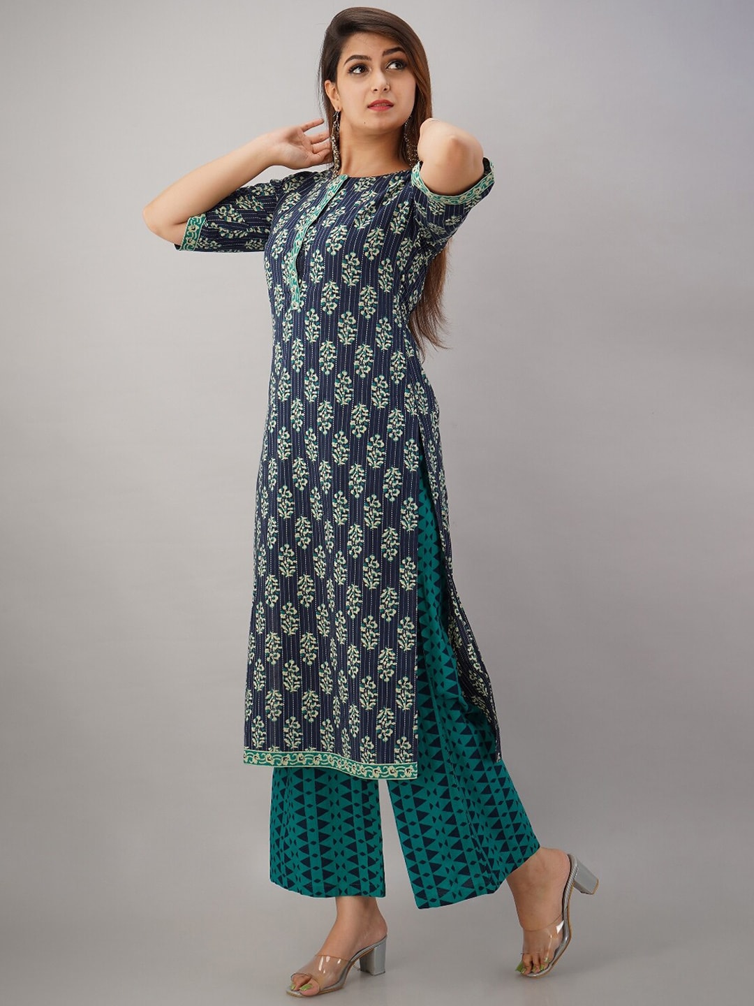 HERE&NOW Turquoise Blue Floral Printed Regular Kurta with Palazzos