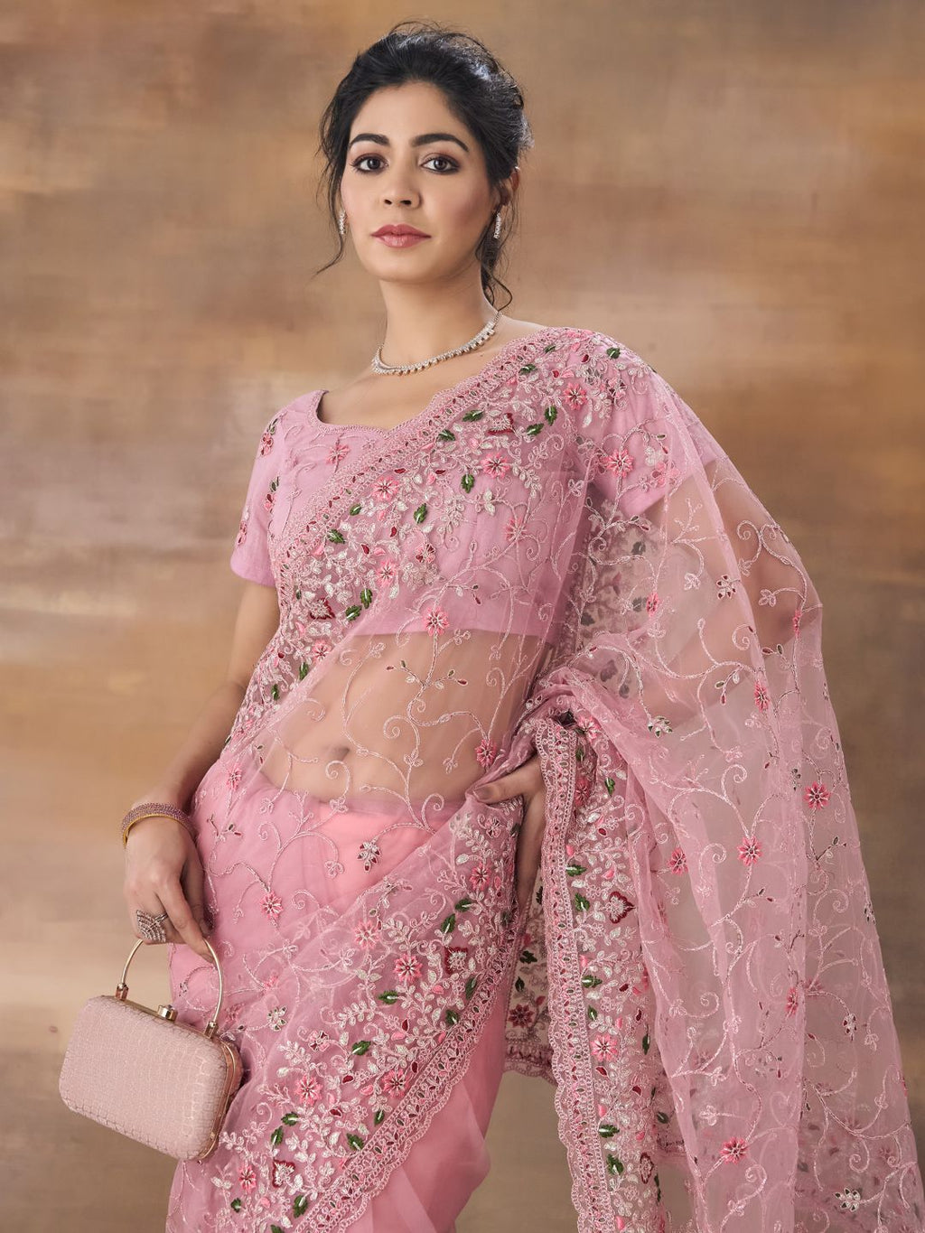 kasee Floral Embroidered Net Saree With Blouse Piece - Distacart