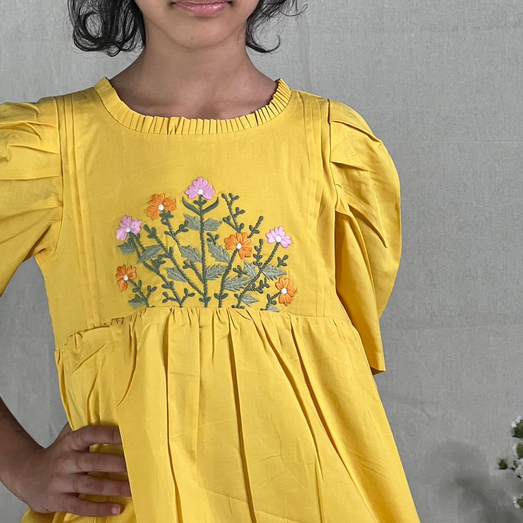 ArthLife Yellow Flower Embroidered Dress