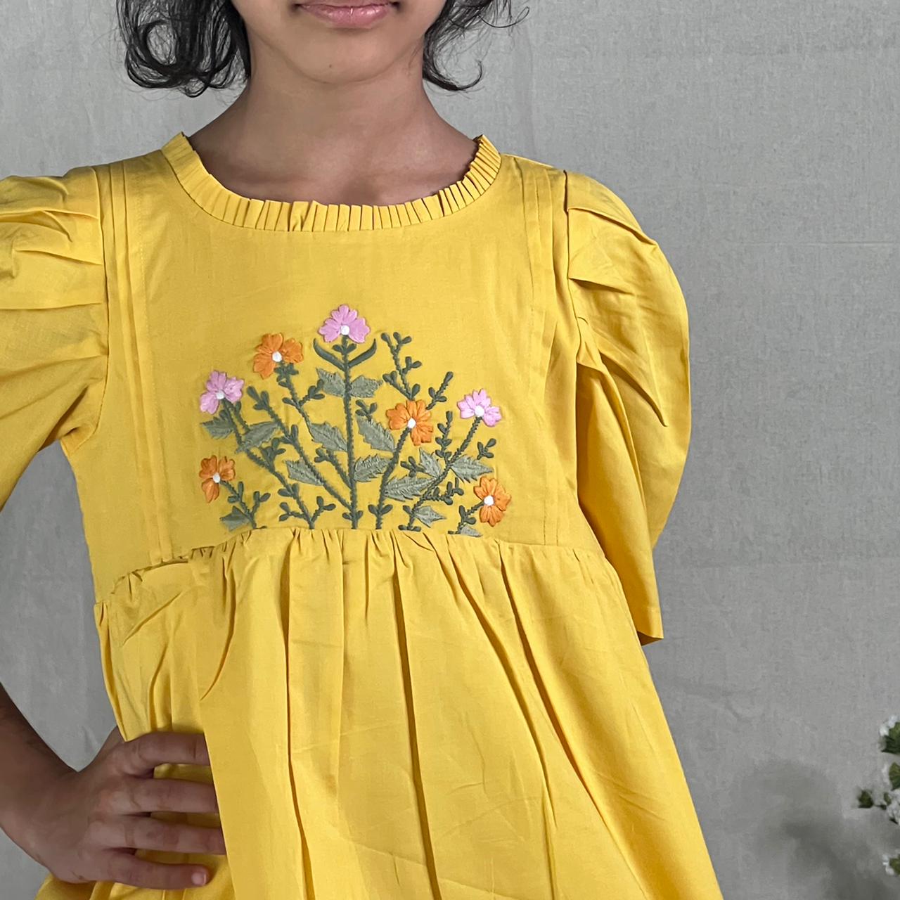 ArthLife Yellow Flower Embroidered Dress