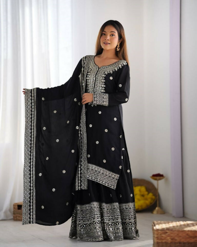 Teeya Creation Black Colour Chinnon Silk Heavy Embroidery Work Fully Stitched Salwar Suit - Distacart
