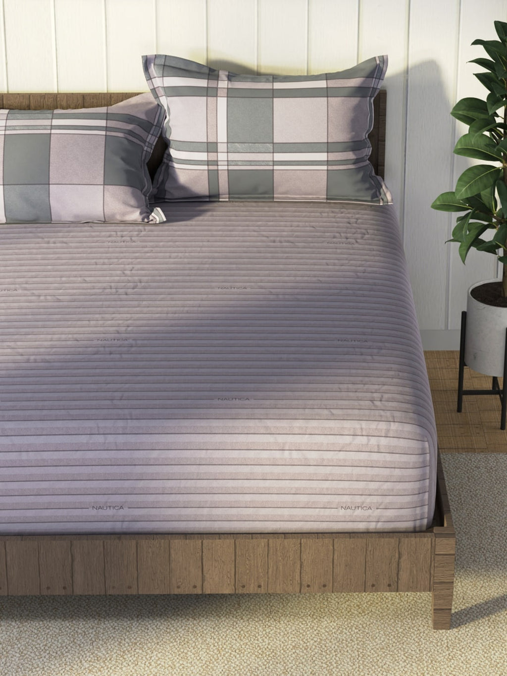 Nautica Grey & Blue Striped Cotton 160 TC King Bedsheet With 2 Pillow Covers