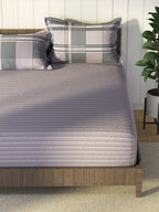 Nautica Grey & Blue Striped Cotton 160 TC King Bedsheet With 2 Pillow Covers