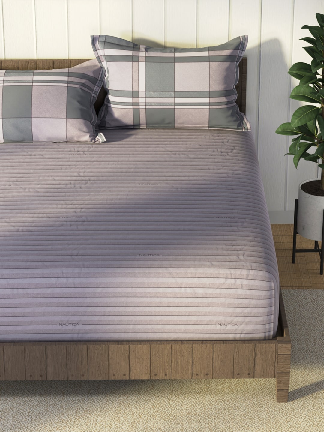 Nautica Grey & Blue Striped Cotton 160 TC King Bedsheet With 2 Pillow Covers