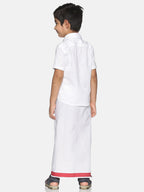 Sethukrishna White Pure Cotton Solid Shirt and Veshti Set For Boys