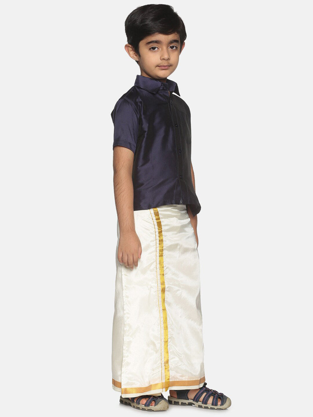 Sethukrishna Boys Navy Blue & White Shirt with Dhoti Set