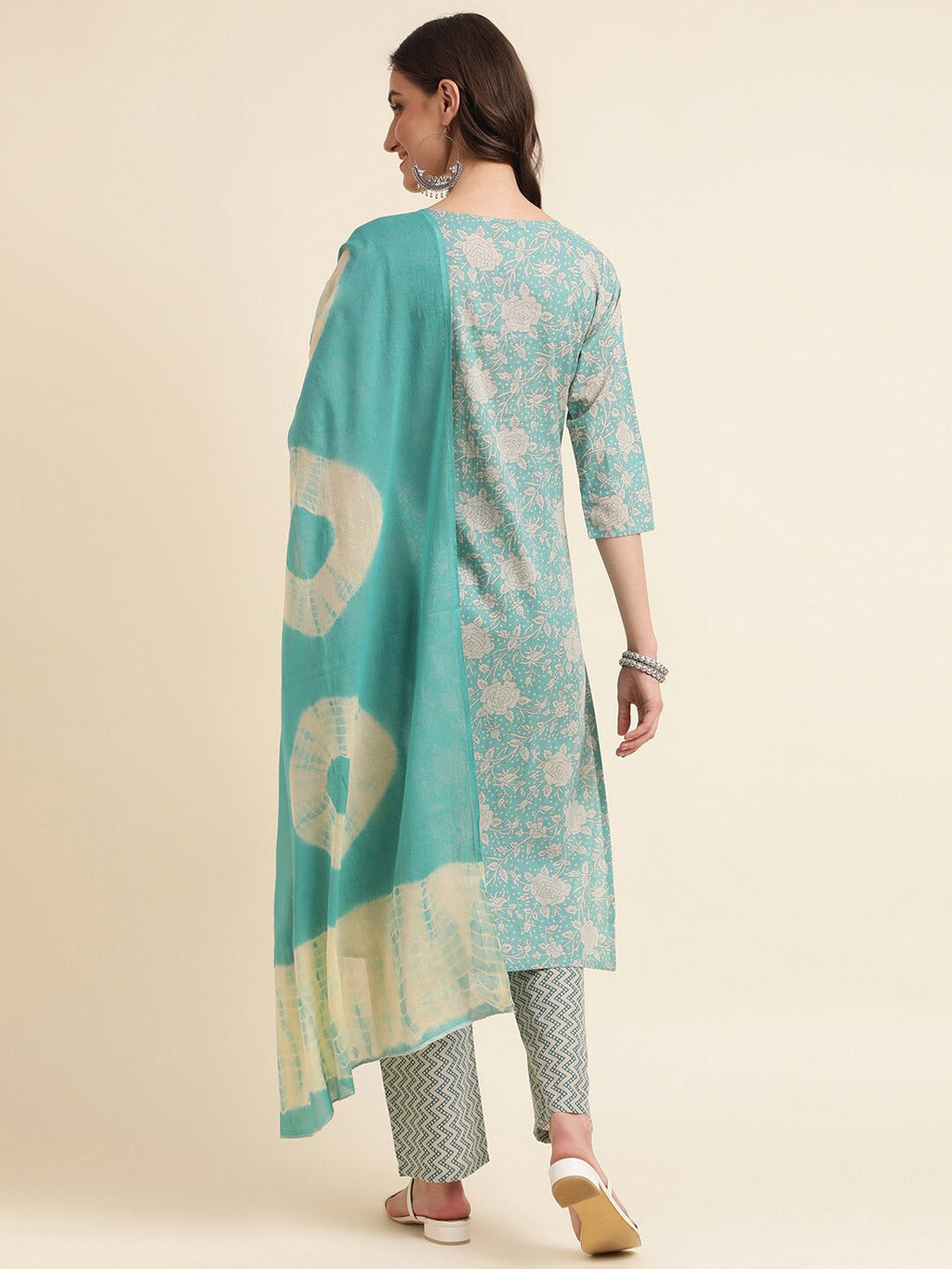 Sangria Green & Cream Floral Printed Pure Cotton Straight Kurta With Trouser