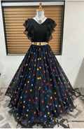 Dishitha Creation Color Dot Printed Stitched Lehenga & Crop Top - Black & Black
