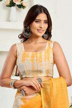 Vastranavya Yellow White Digital Printed Linen Ready To Wear Designer Saree with Unstitched Blouse - Distacart