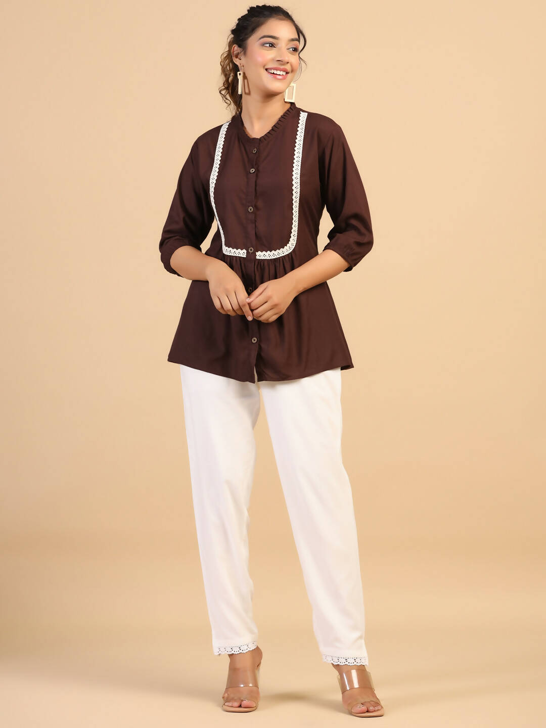 Womens Brown Rayon Solid Top - Keeva